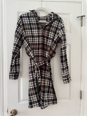 LOFT Black, Cream & Tan Plaid Shirt Dress